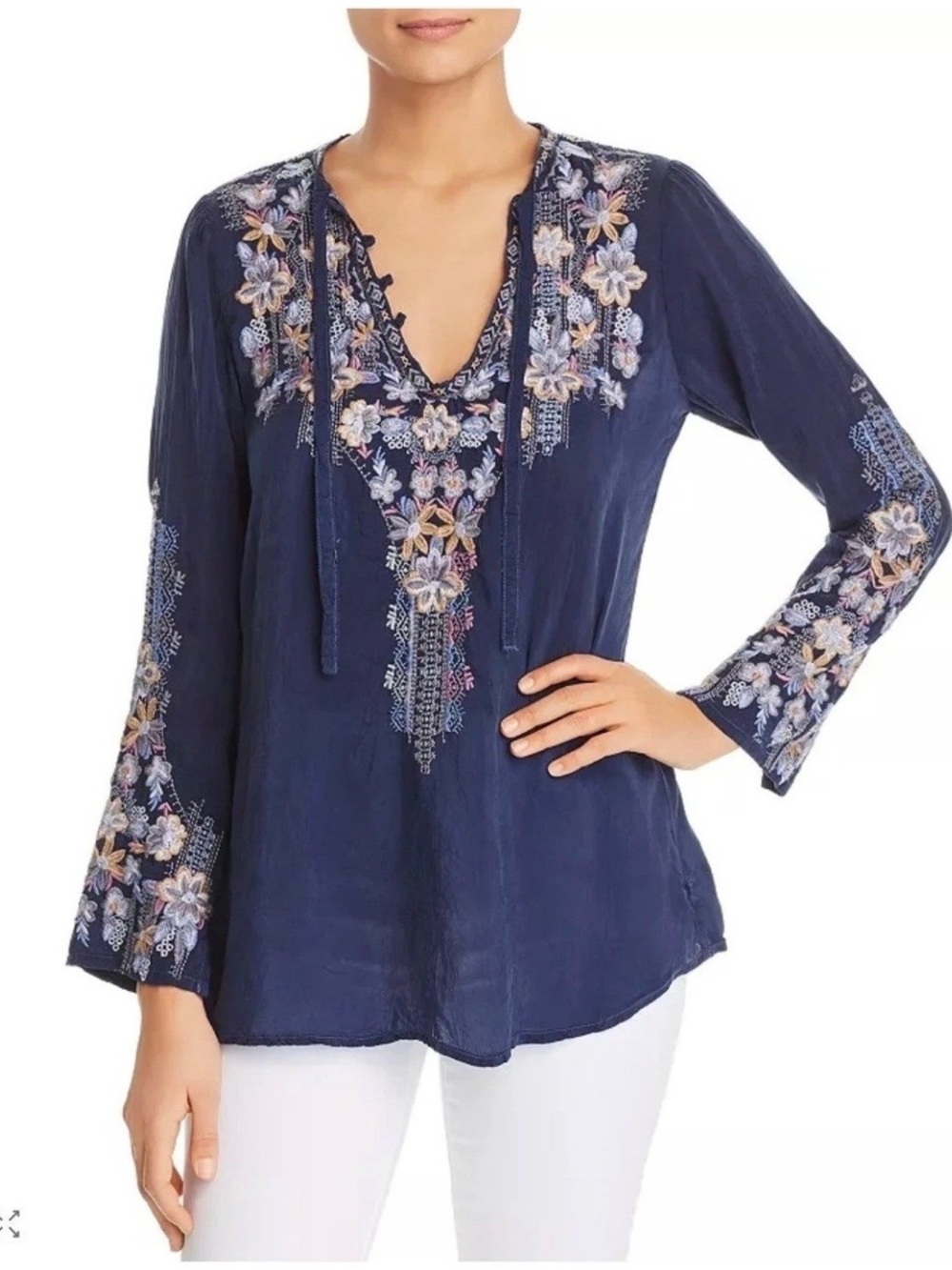 Johnny Was Tanya Navy Embroidered Peasant Blouse Cupro Floral V Neck Top S